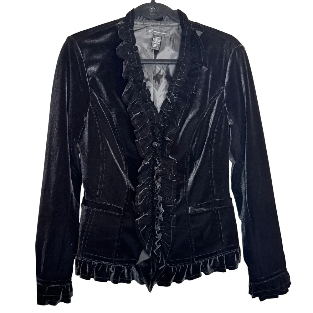 INC Black Velvet Goth Romantic Ruffle Blazer M Jacket Equestrian Riding Fairy - Picture 16 of 16